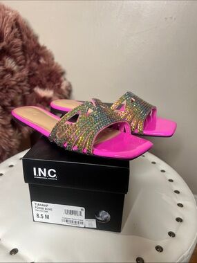INC International Concepts Hot Pink Crystal-Embellished Slide Mules